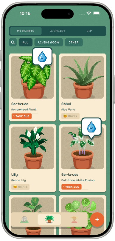 Care schedules and reminders screen